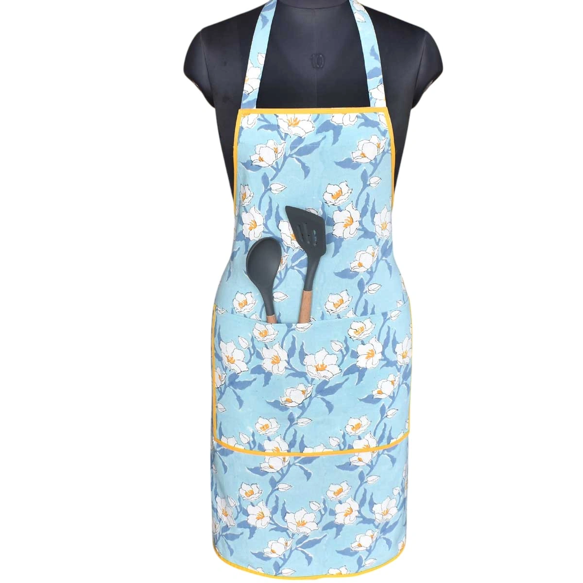 Indian Block-Printed 100 Cotton Apron   Camellia Blue Mist 260919