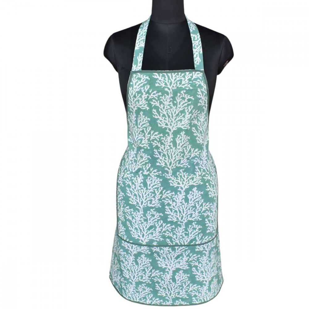 Image of Indian Block-Printed 100% Cotton Apron | Coral Green 202530