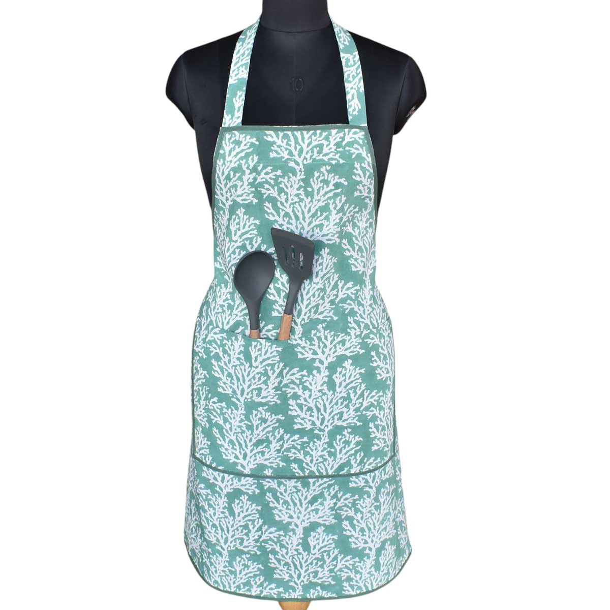 Indian Block-Printed 100 Cotton Apron Coral Green 202530