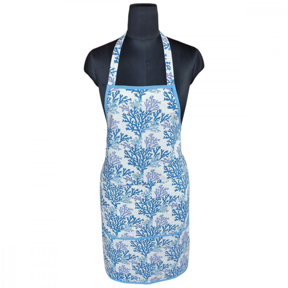 Image of Indian Block-Printed 100% Cotton Apron | Coral Multi Blue 502087