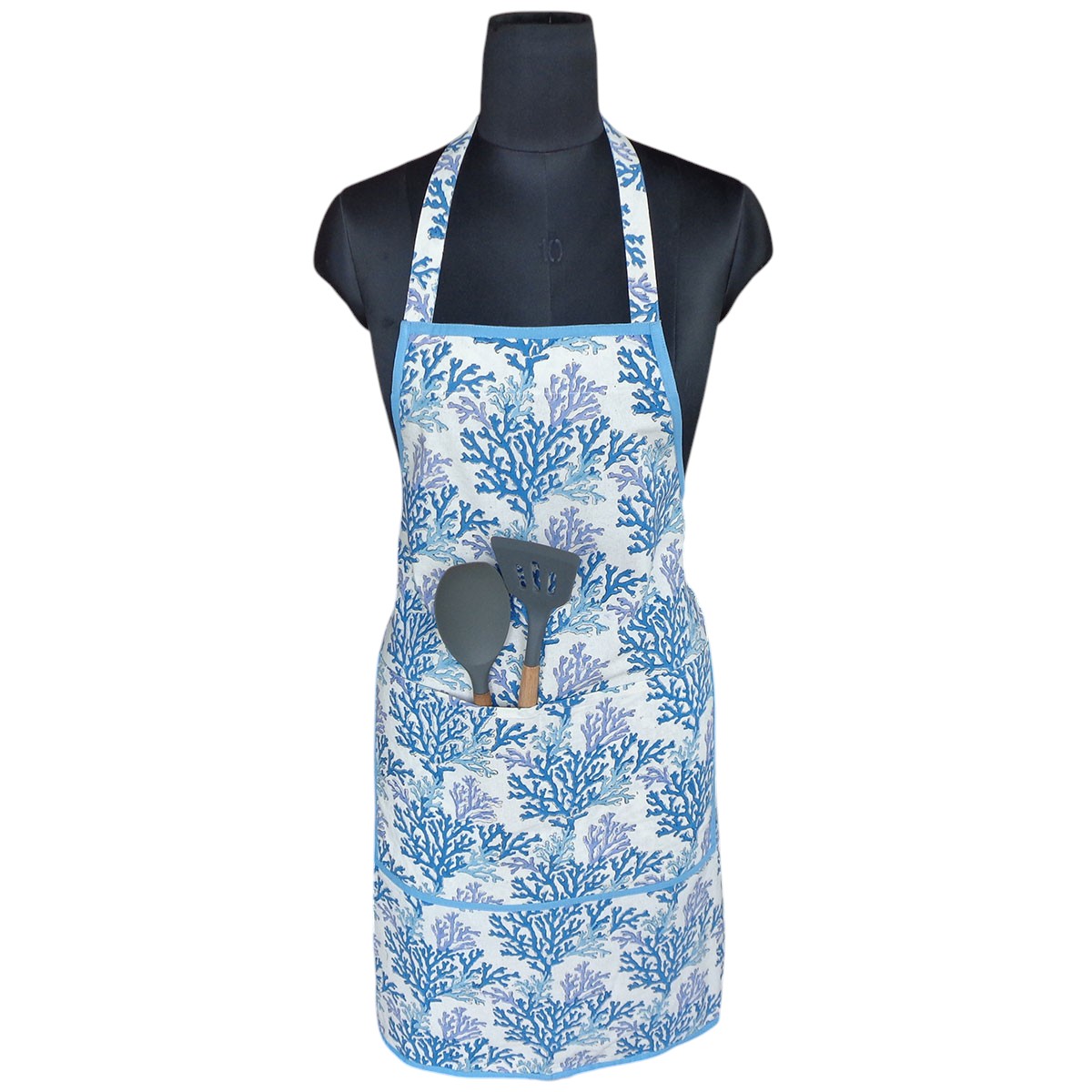 Indian Block-Printed 100 Cotton Apron  Coral Multi Blue 502087