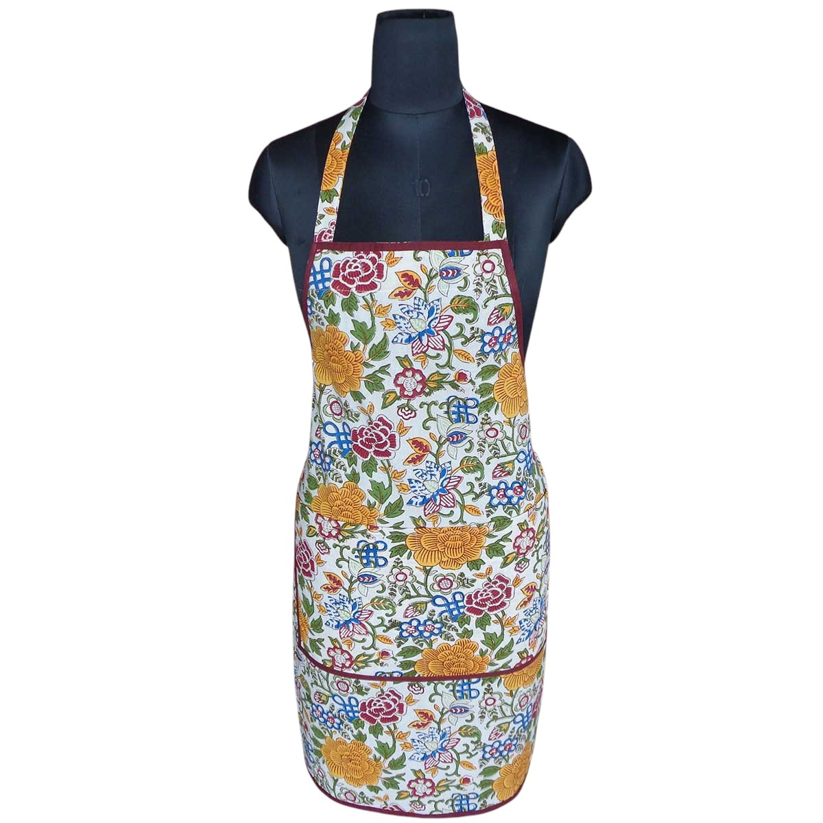 Indian Block-Printed 100 Cotton Apron  Floral Canvas Blue Jade Open 106816