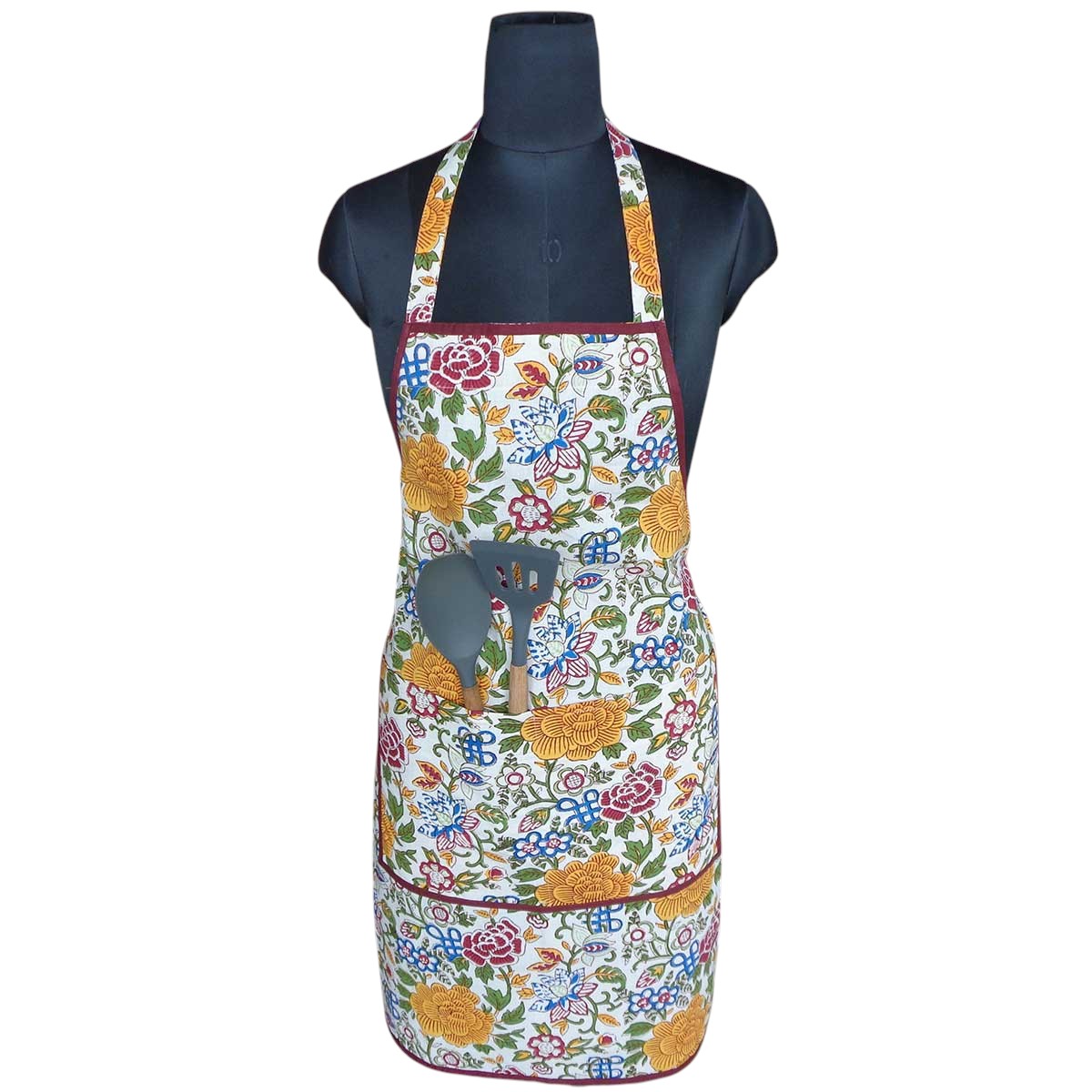 Indian Block-Printed 100 Cotton Apron  Floral Canvas Blue Jade Open 106816