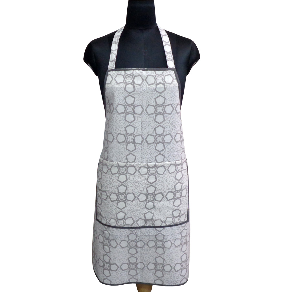 Indian Block-Printed 100 Cotton Apron Geo Chokri Grey 208222