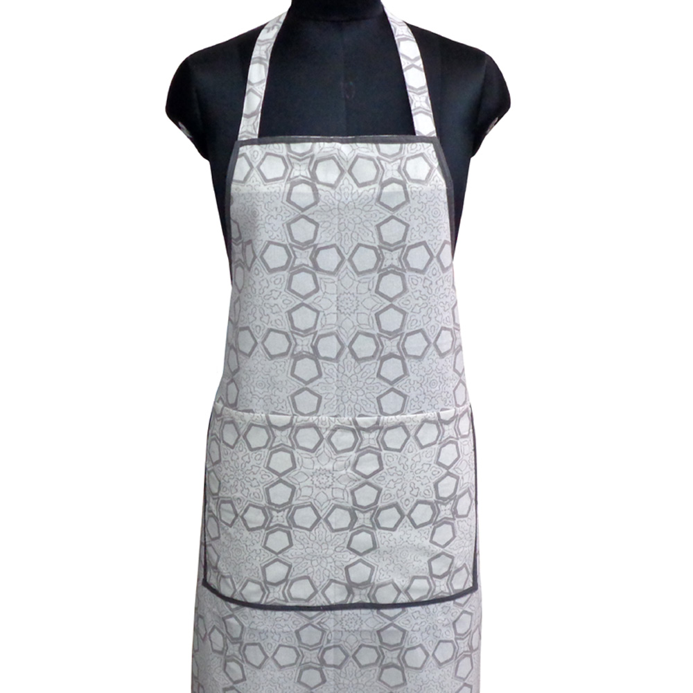 Indian Block-Printed 100 Cotton Apron Geo Chokri Grey 208222