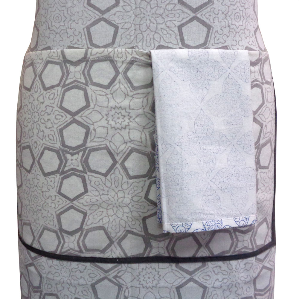 Indian Block-Printed 100 Cotton Apron Geo Chokri Grey 208222