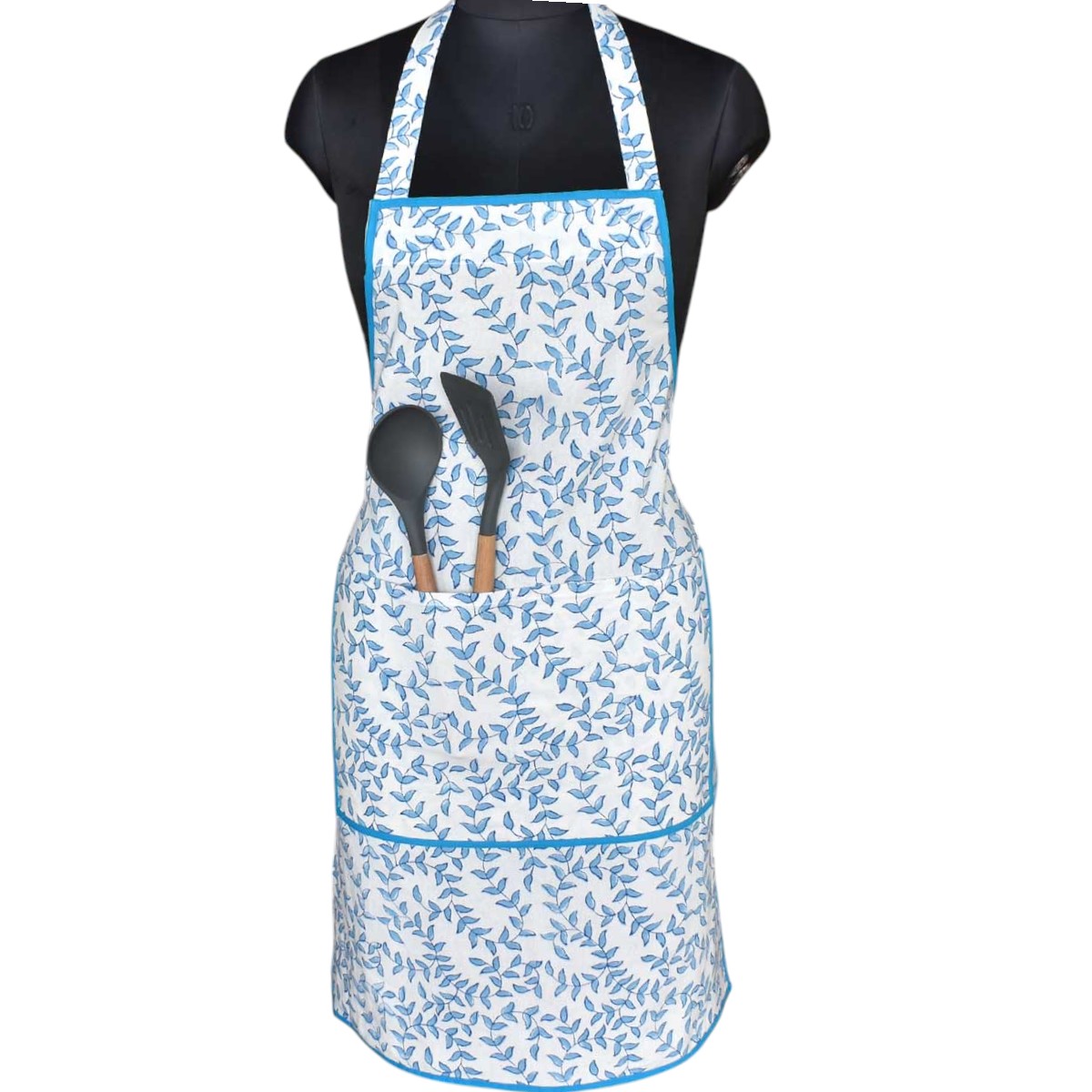 Indian Block-Printed 100 Cotton Apron Harmony Blue Open 260417