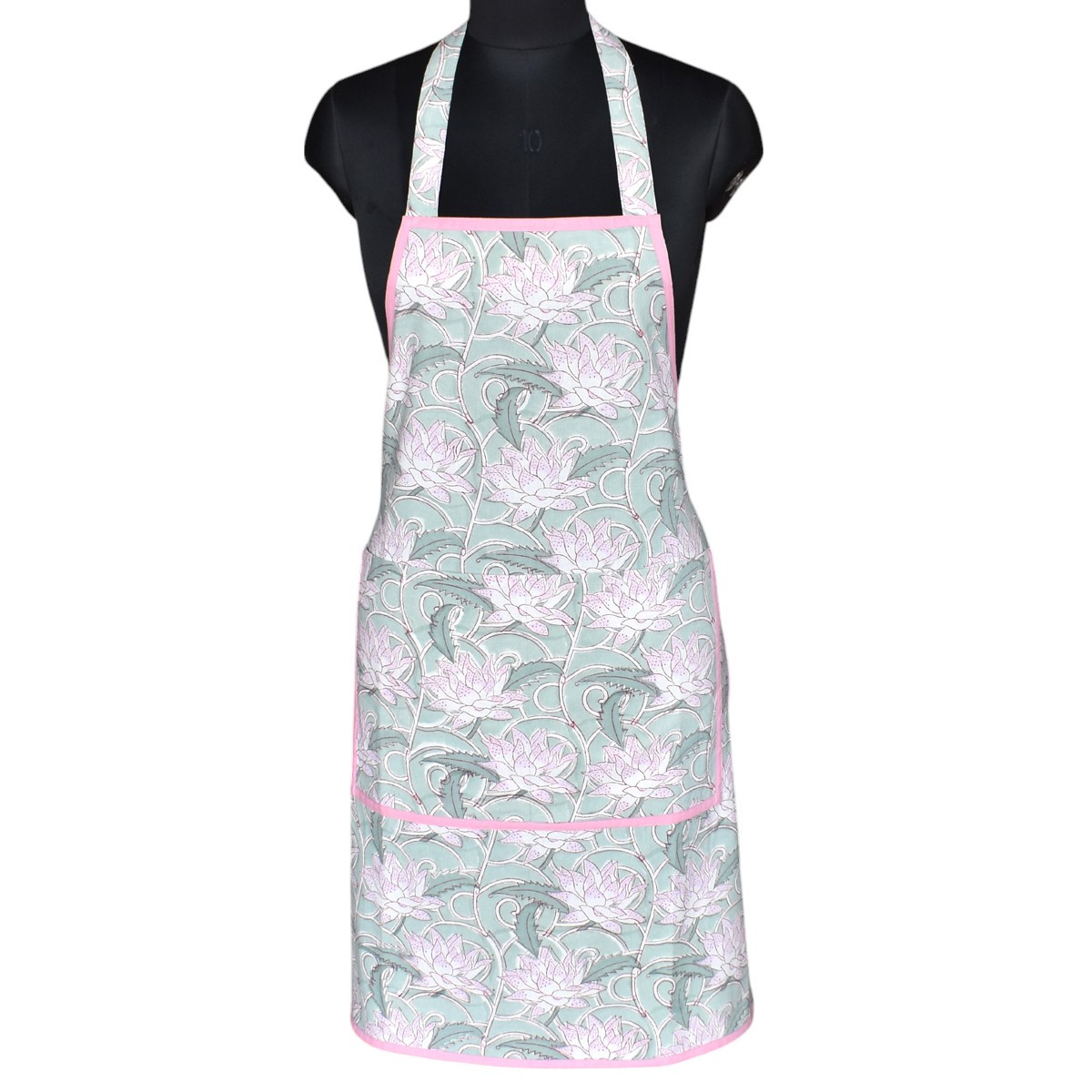 Indian Block-Printed 100 Cotton Apron Japan Lotus Green 202501