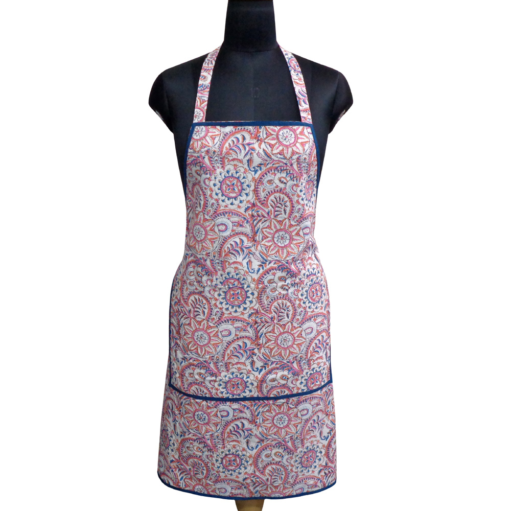 Indian Block-Printed 100 Cotton Apron Kusum Gulabi Jaal 106025