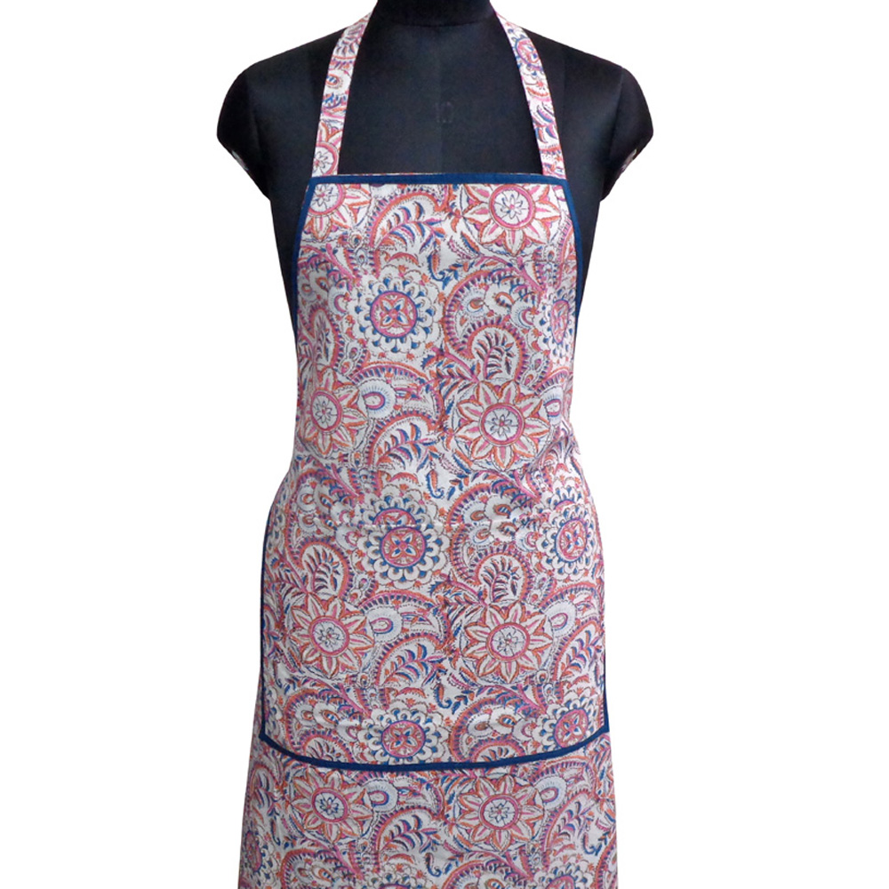 Indian Block-Printed 100 Cotton Apron Kusum Gulabi Jaal 106025