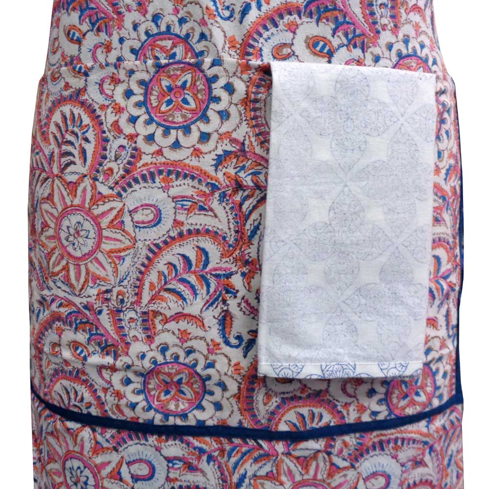 Indian Block-Printed 100 Cotton Apron Kusum Gulabi Jaal 106025