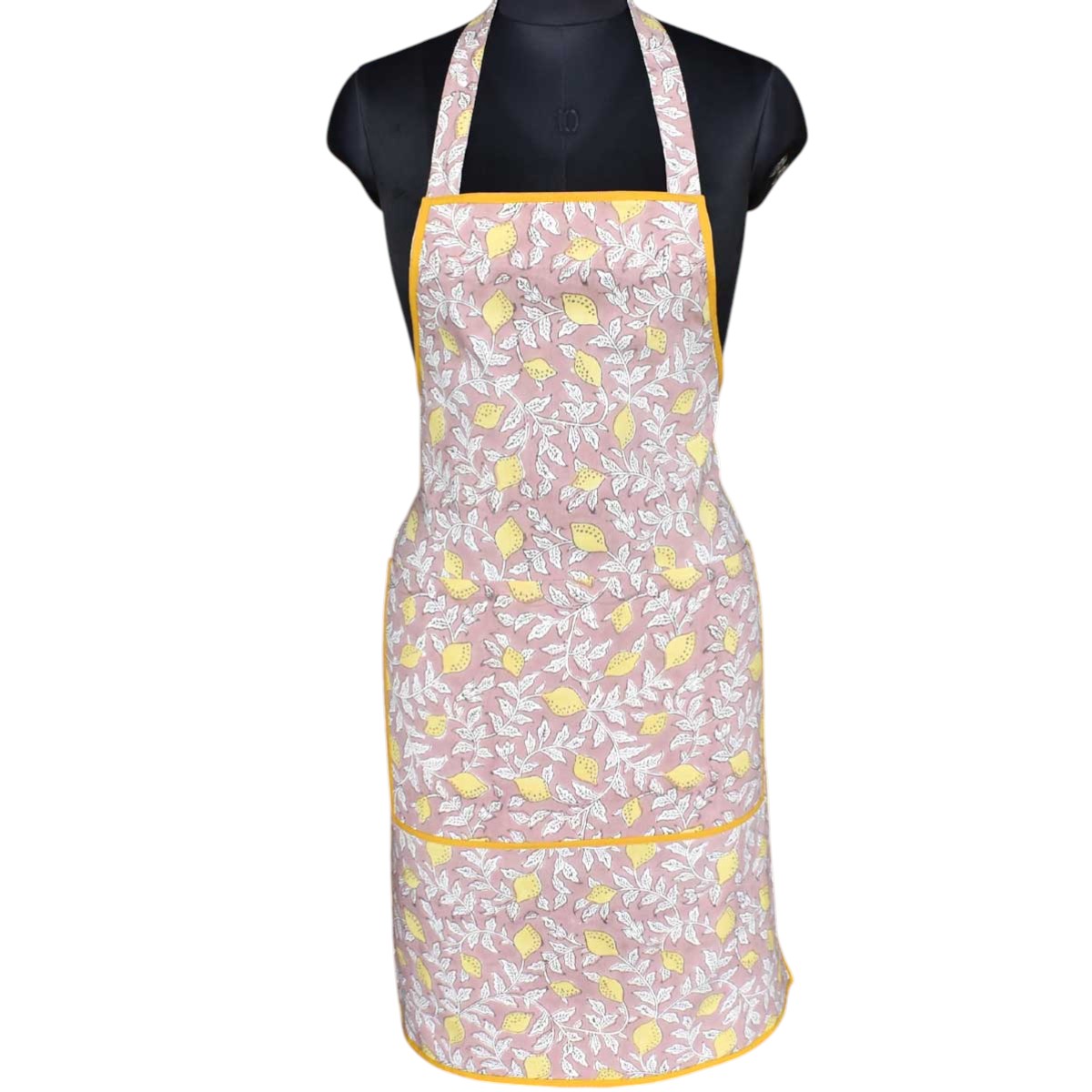 Indian Block-Printed 100 Cotton Apron Lemon Earth 202404