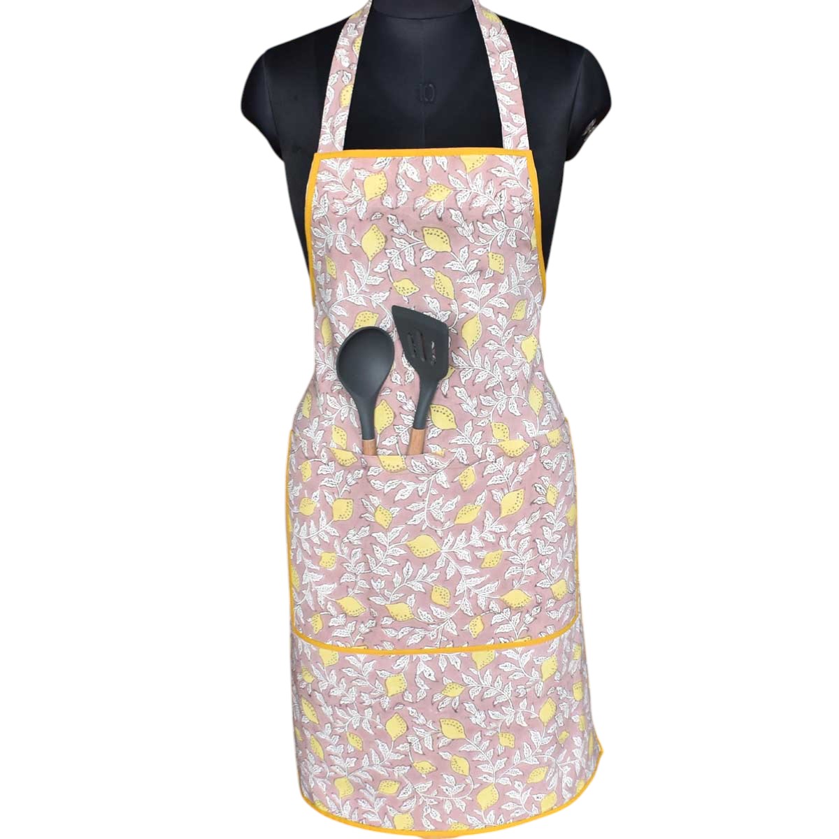 Indian Block-Printed 100 Cotton Apron Lemon Earth 202404
