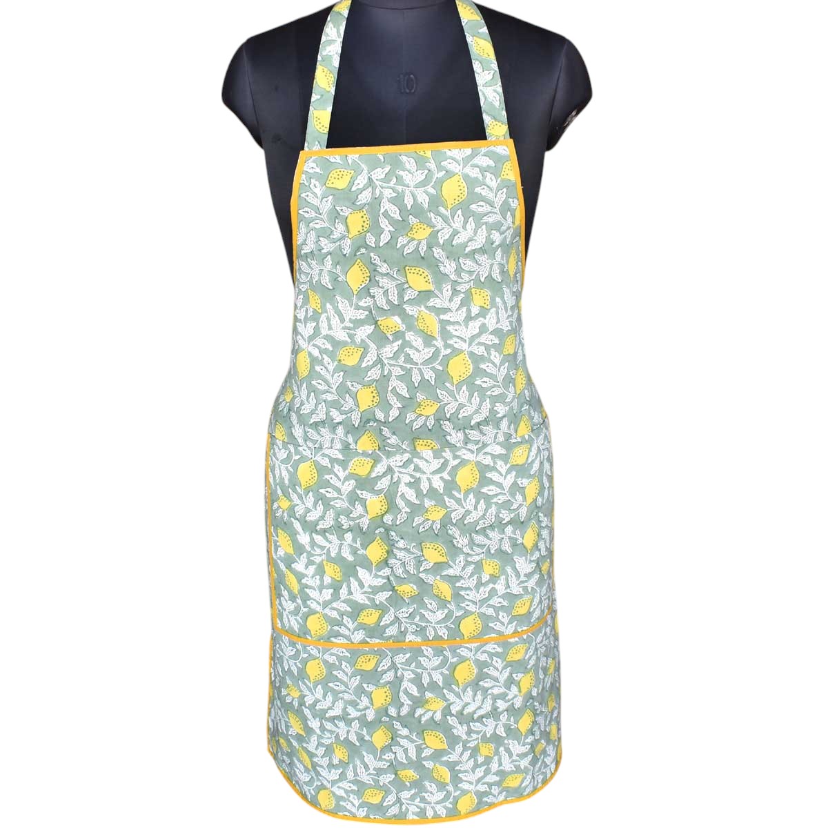 Indian Block-Printed 100 Cotton Apron Lemon Green 202405