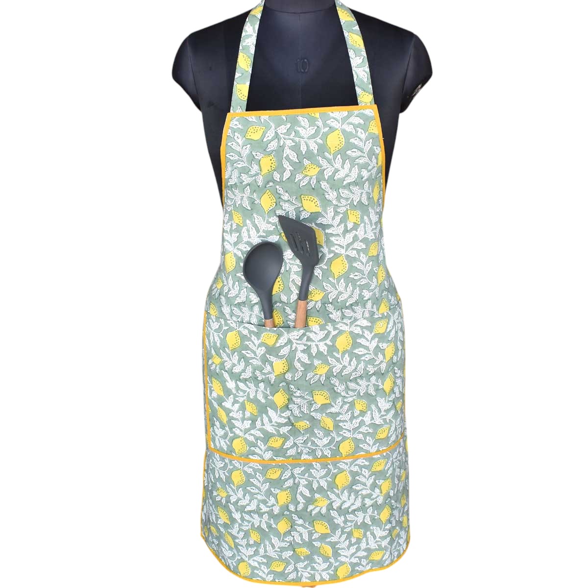 Indian Block-Printed 100 Cotton Apron Lemon Green 202405