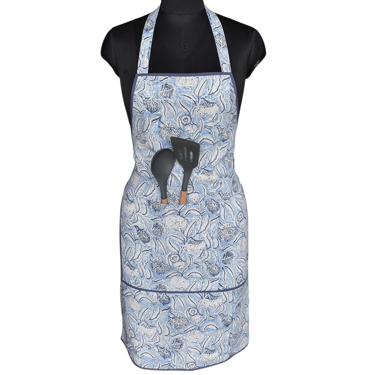 Indian Block-Printed 100 Cotton Apron  Meadow Song Blue 202513