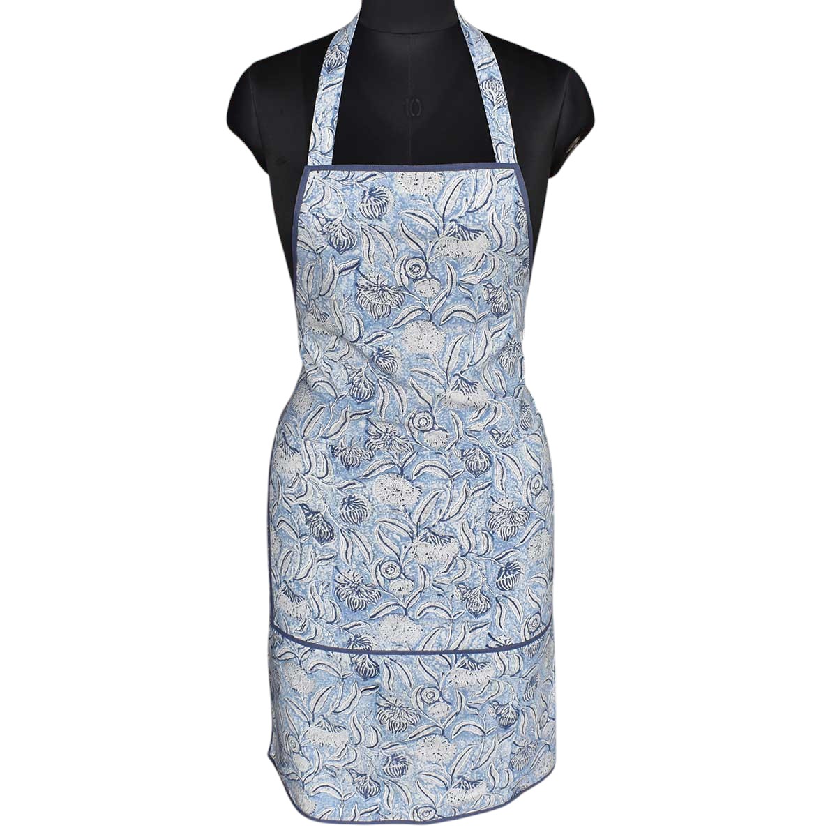 Indian Block-Printed 100 Cotton Apron  Meadow Song Blue 202513