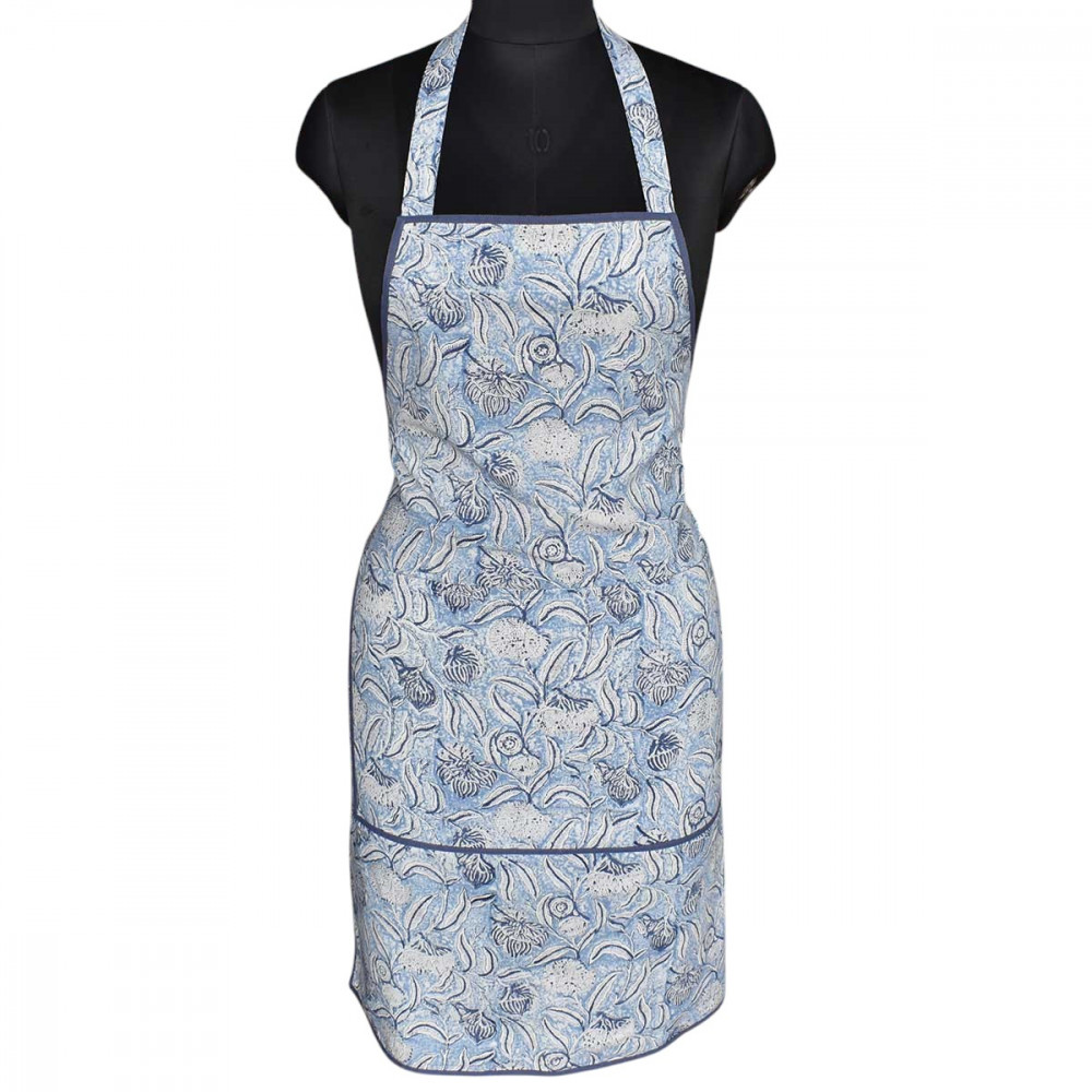 Image of Indian Block-Printed 100% Cotton Apron | Meadow Song Blue 202513