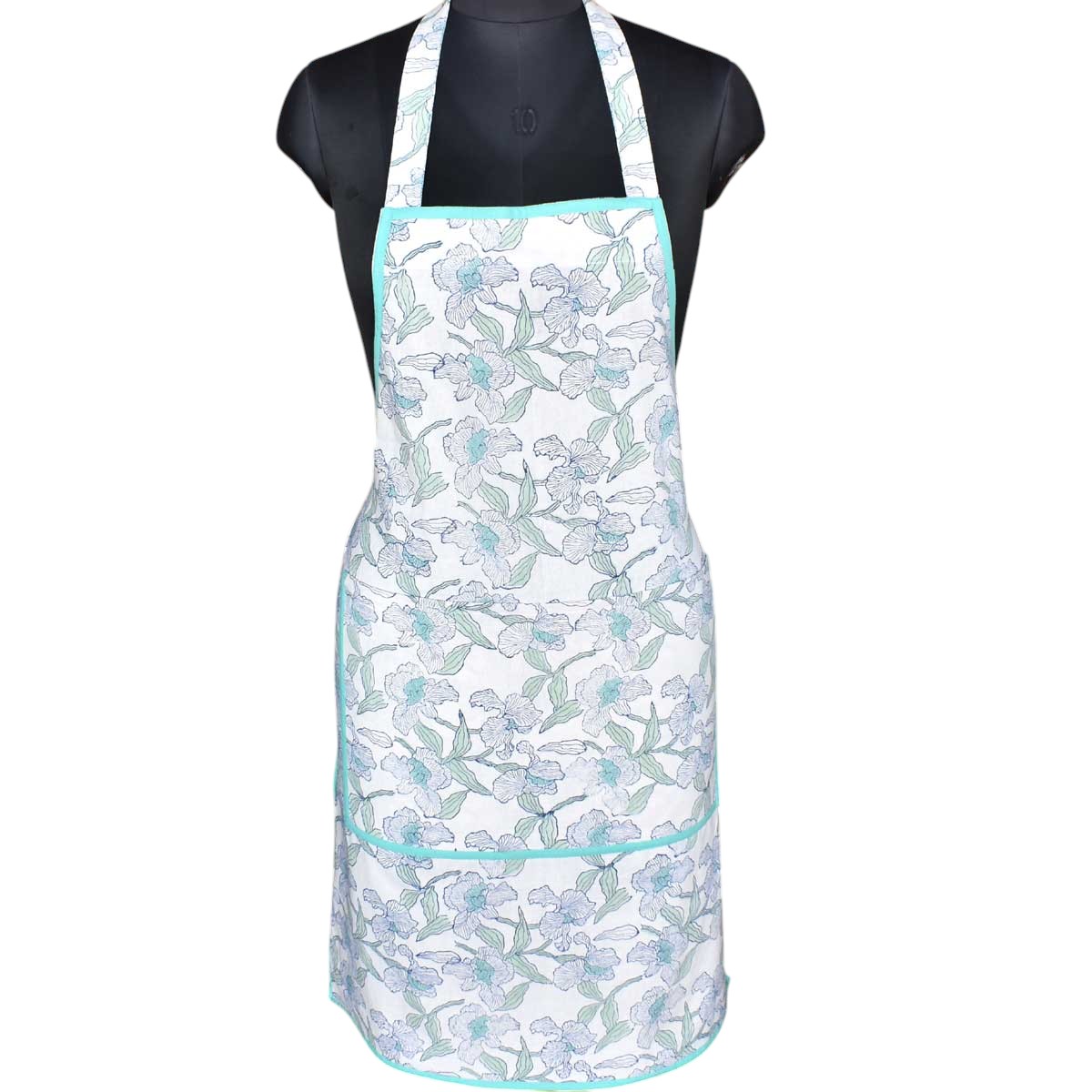 Indian Block-Printed 100 Cotton Apron Orchid Aqua Open 203894