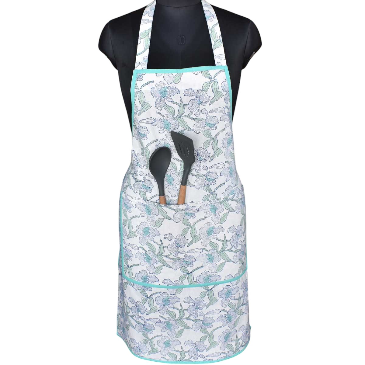 Indian Block-Printed 100 Cotton Apron Orchid Aqua Open 203894
