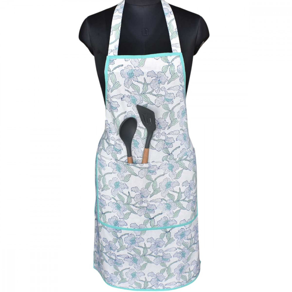 Image of Indian Block-Printed 100% Cotton Apron |  Orchid Aqua Open 203894
