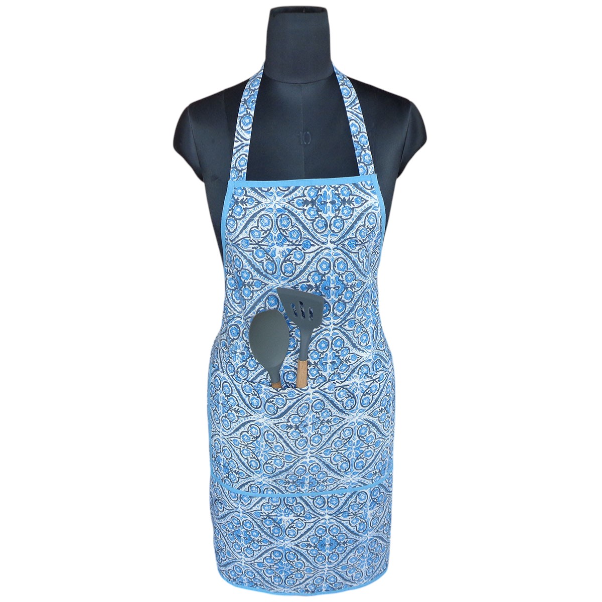 Indian Block-Printed 100 Cotton Apron Phool Chokri Nili 505055