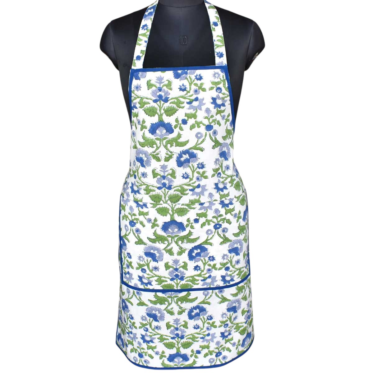 Indian Block-Printed 100 Cotton Apron Rukhsana Blue Open 103619