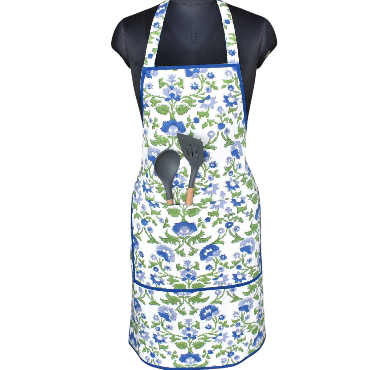 Indian Block-Printed 100 Cotton Apron Rukhsana Blue Open 103619