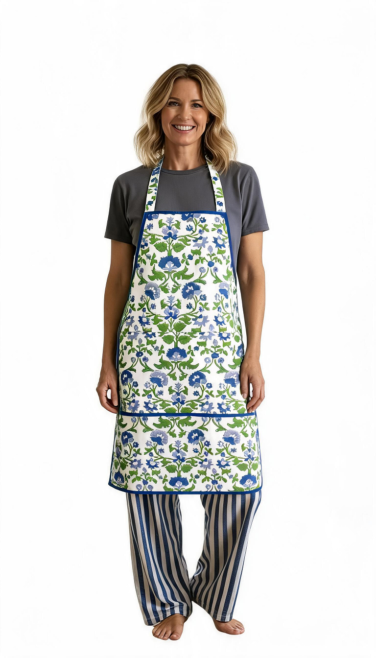 Indian Block-Printed 100 Cotton Apron Rukhsana Blue Open 103619