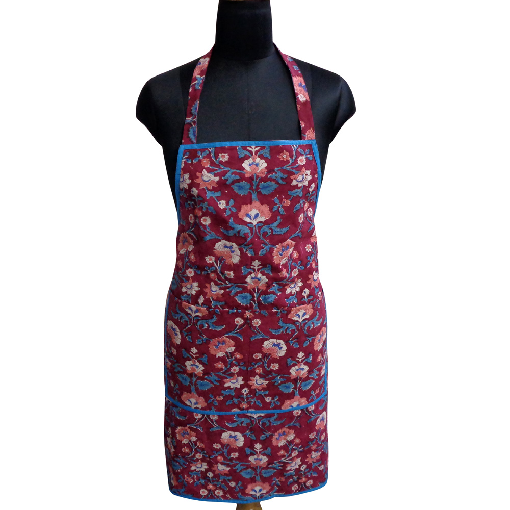 Indian Block-Printed 100 Cotton Apron Rukhsana Maroon Gud 105823
