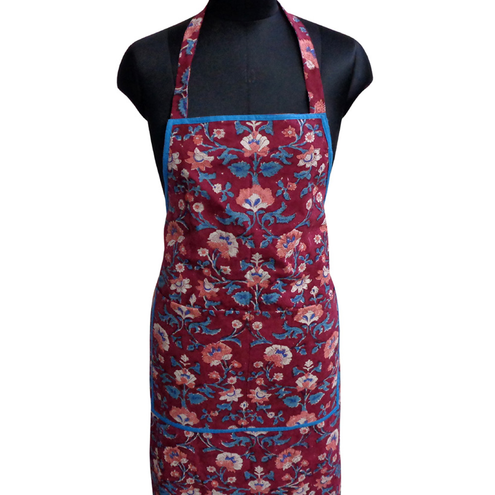 Indian Block-Printed 100 Cotton Apron Rukhsana Maroon Gud 105823