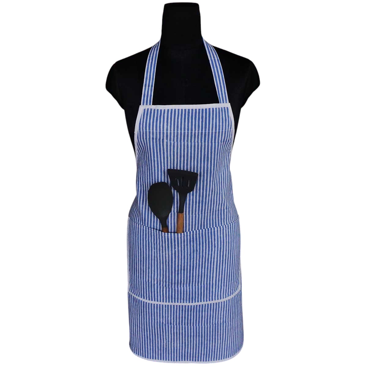 Indian Block-Printed 100 Cotton Apron  Stripe Blue 202510