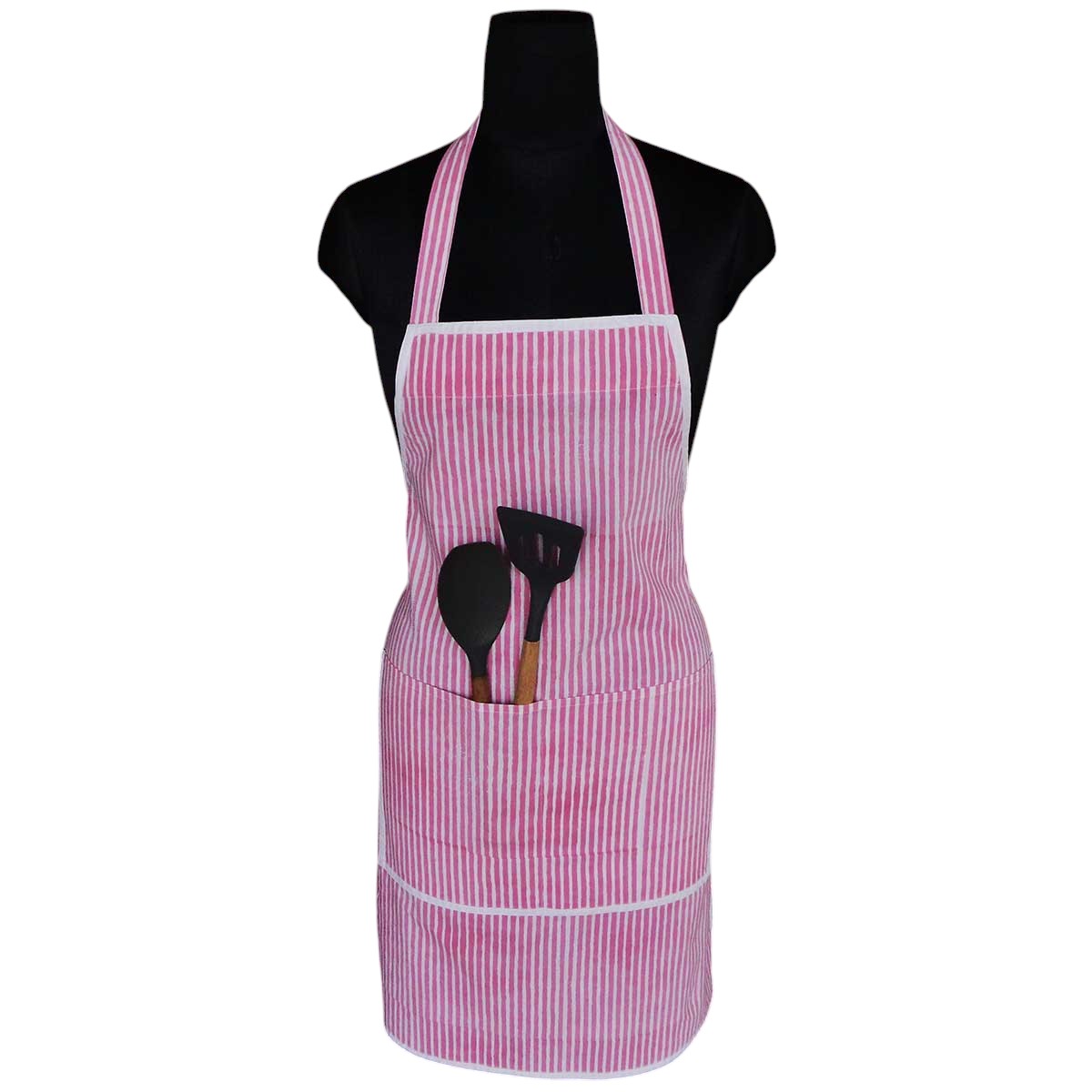 Indian Block-Printed 100 Cotton Apron  Stripe Pink 202512