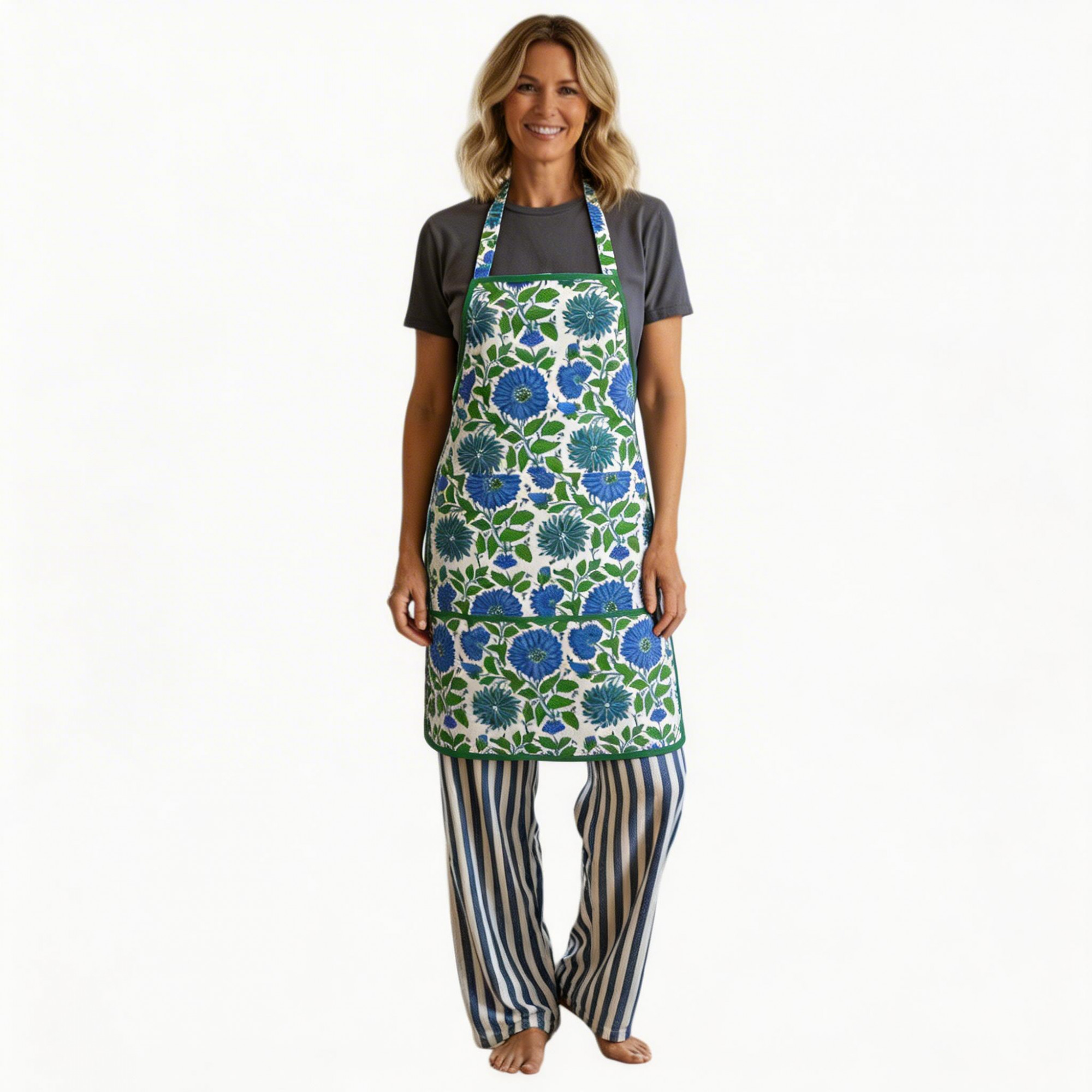 Indian Block-Printed 100 Cotton Apron Surajmukhi Blue Open 207560