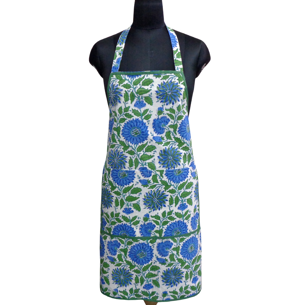 Indian Block-Printed 100 Cotton Apron Surajmukhi Blue Open 207560