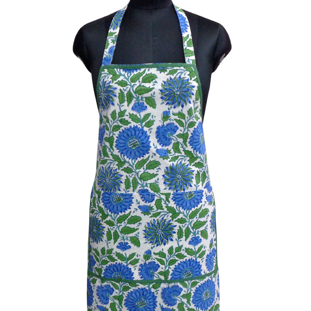 Indian Block-Printed 100 Cotton Apron Surajmukhi Blue Open 207560