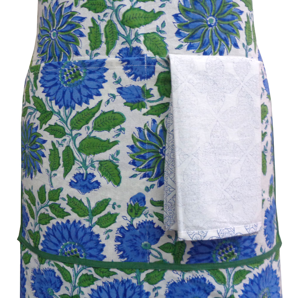 Indian Block-Printed 100 Cotton Apron Surajmukhi Blue Open 207560