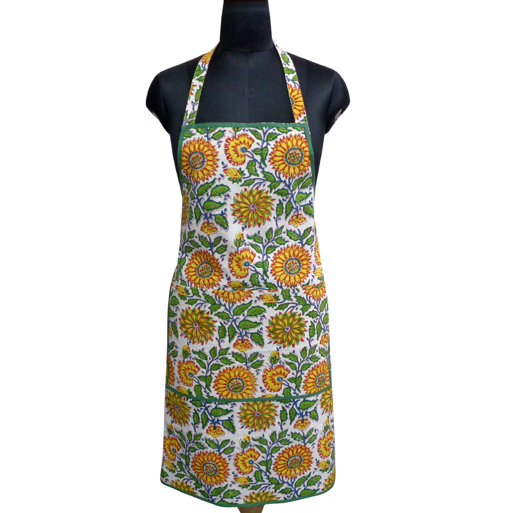 Indian Block-Printed 100 Cotton Apron Surajmukhi Canary Open 206589