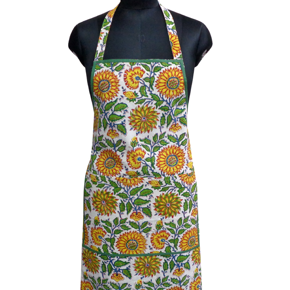 Indian Block-Printed 100 Cotton Apron Surajmukhi Canary Open 206589