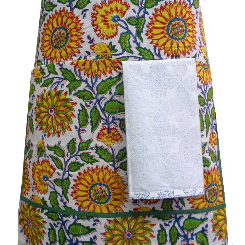 Indian Block-Printed 100 Cotton Apron Surajmukhi Canary Open 206589