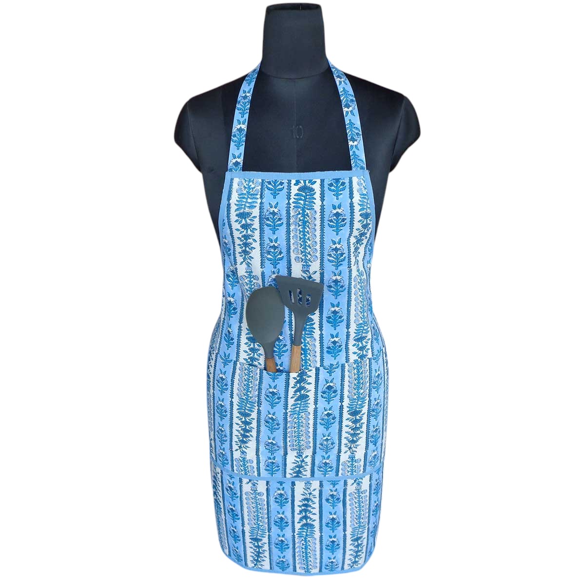 Indian Block-Printed 100 Cotton Apron Trellis Blue Booti 104113