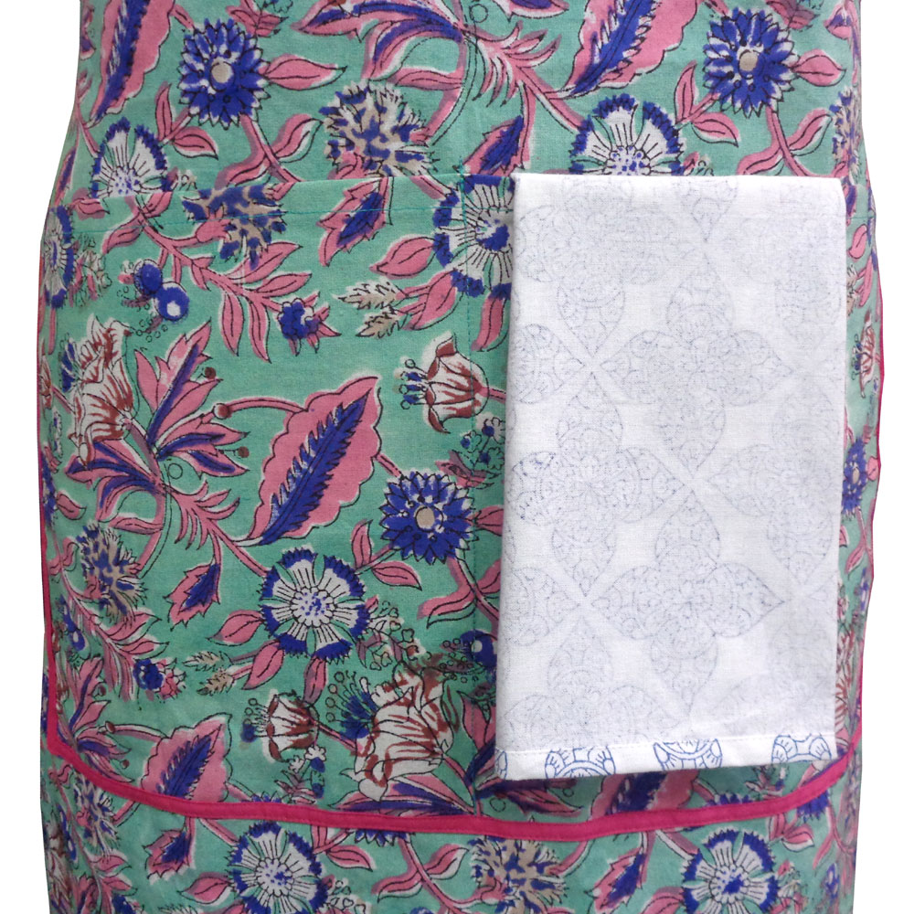 Indian Block-Printed 100 Cotton Apron Wild Flower Ocean Gud 208195