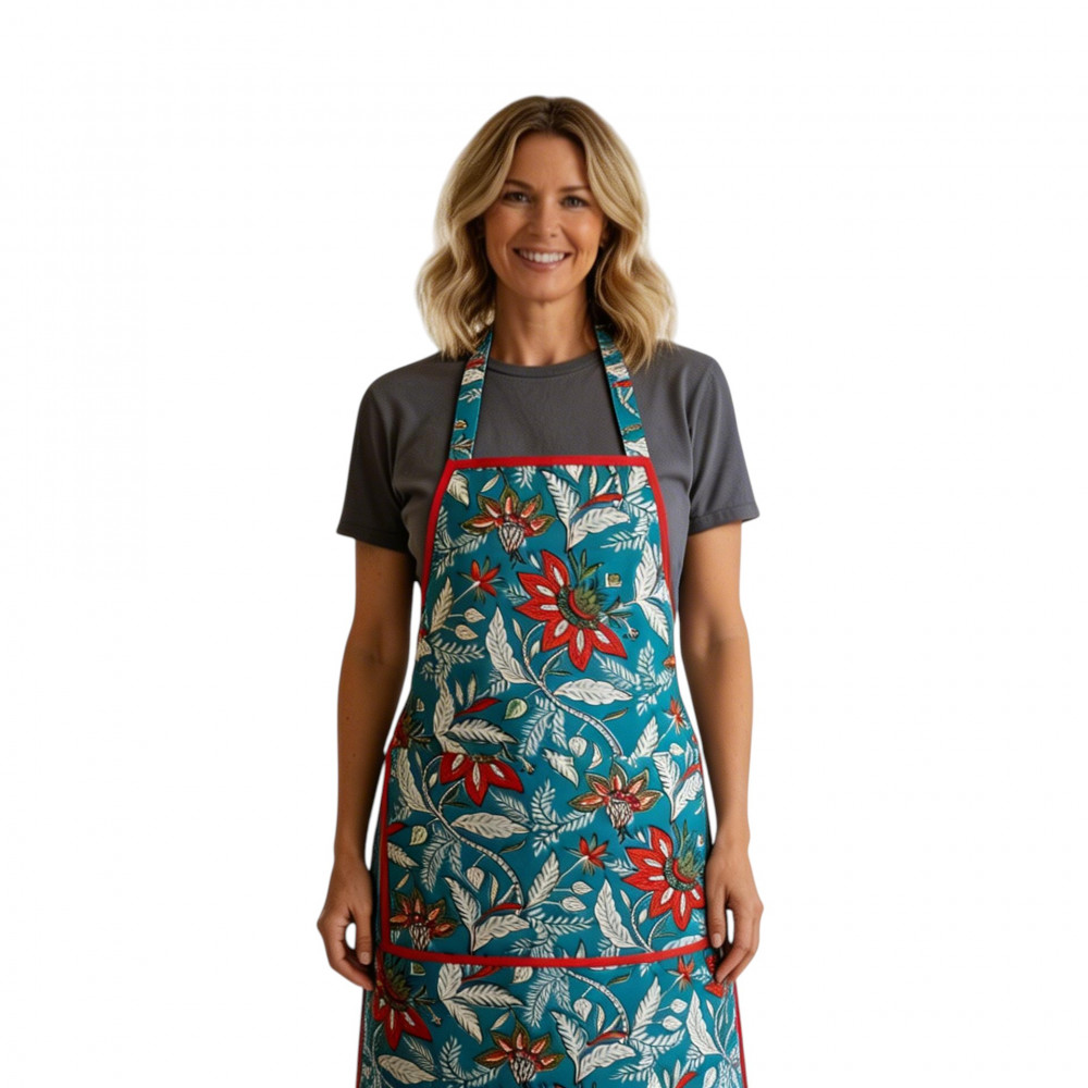 Image of Indian Block-Printed 100% Cotton Apron | Bossanova Green Gud 393939