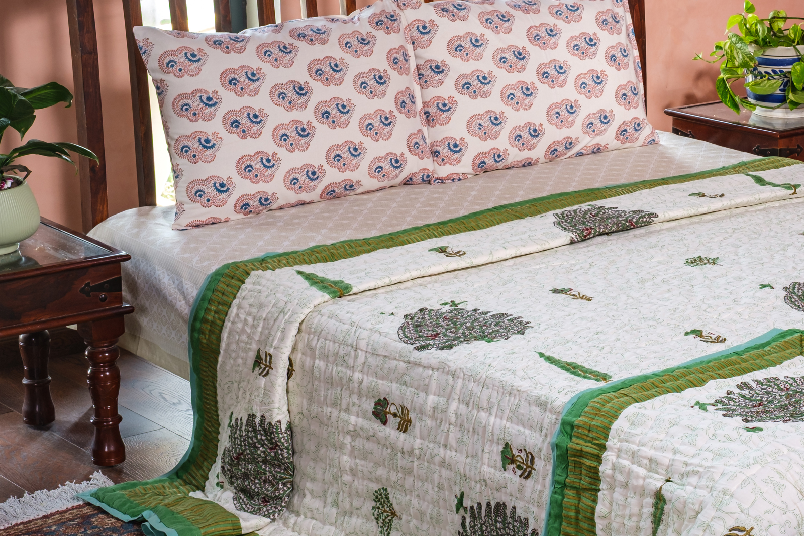 Hand Block Printed Cotton King Size Quilt Arabian Bird Green 205320