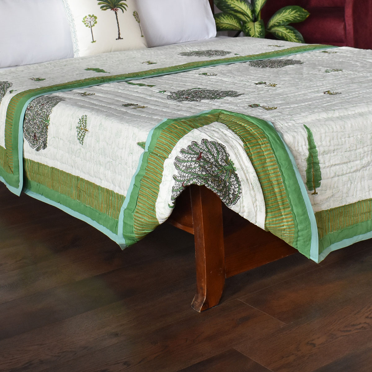 Hand Block Printed Cotton King Size Quilt Arabian Bird Green 205320