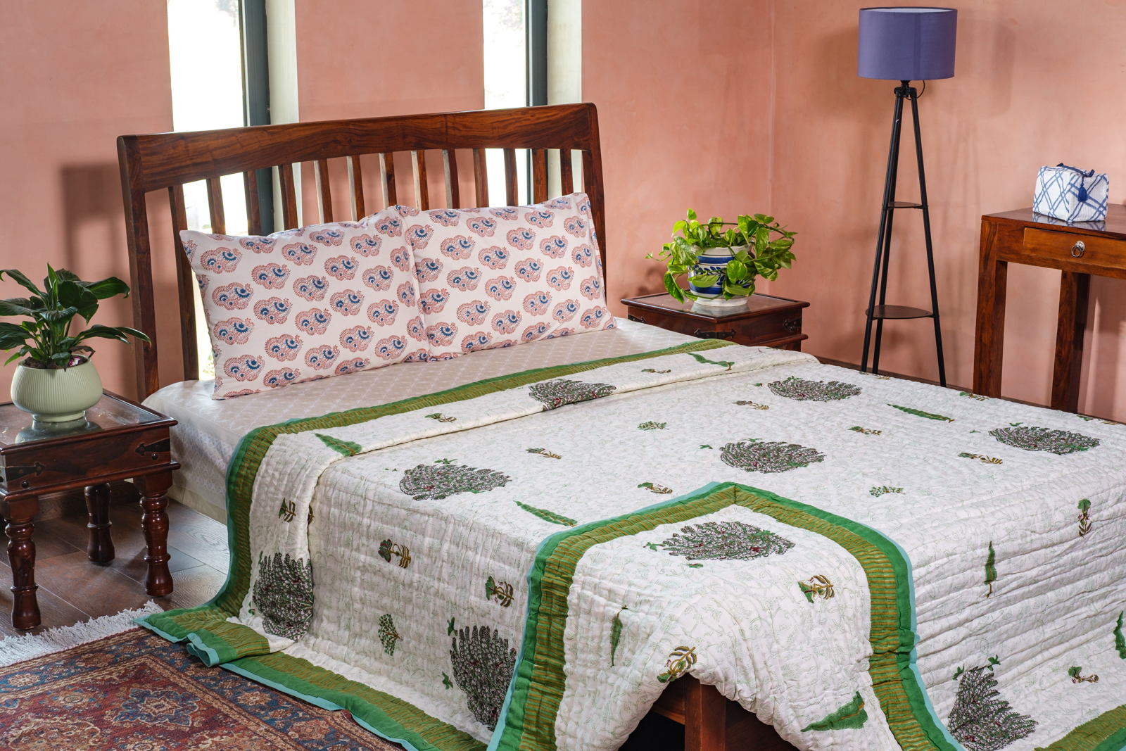 Hand Block Printed Cotton King Size Quilt Arabian Bird Green 205320