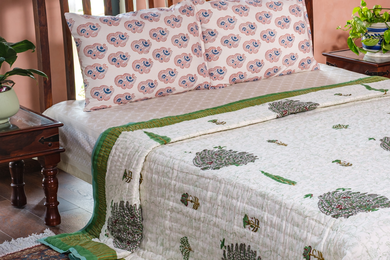 Hand Block Printed Cotton King Size Quilt Arabian Bird Green 205320