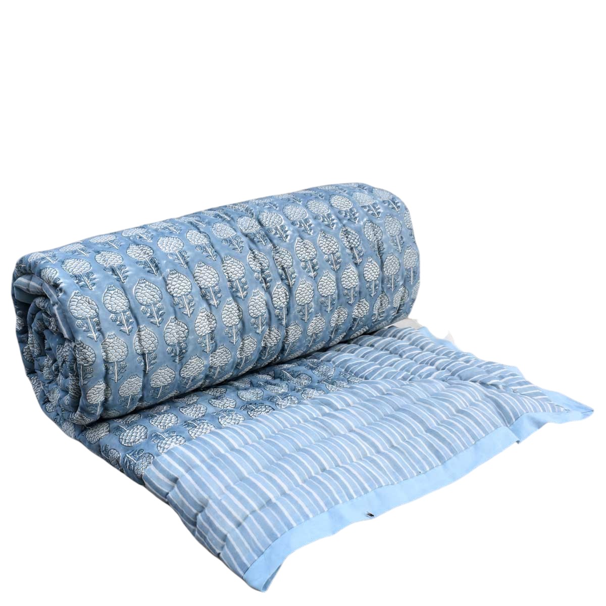 Hand Block Printed Cotton Twin Size Quilt Artichoke Pearl Blue 251210