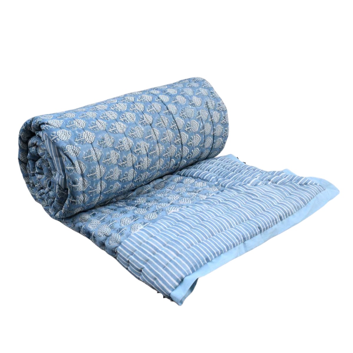 Hand Block Printed Cotton Queen Size Quilt Artichoke Pearl Blue 251210