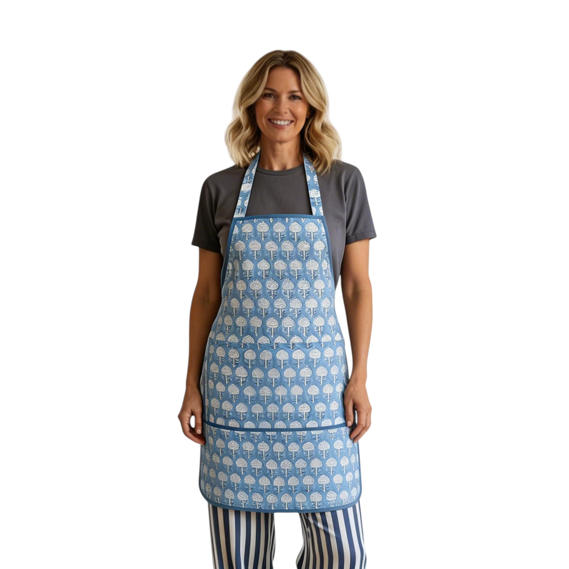 Indian Block-Printed 100 Cotton Apron Artichoke Pearl Blue 251210